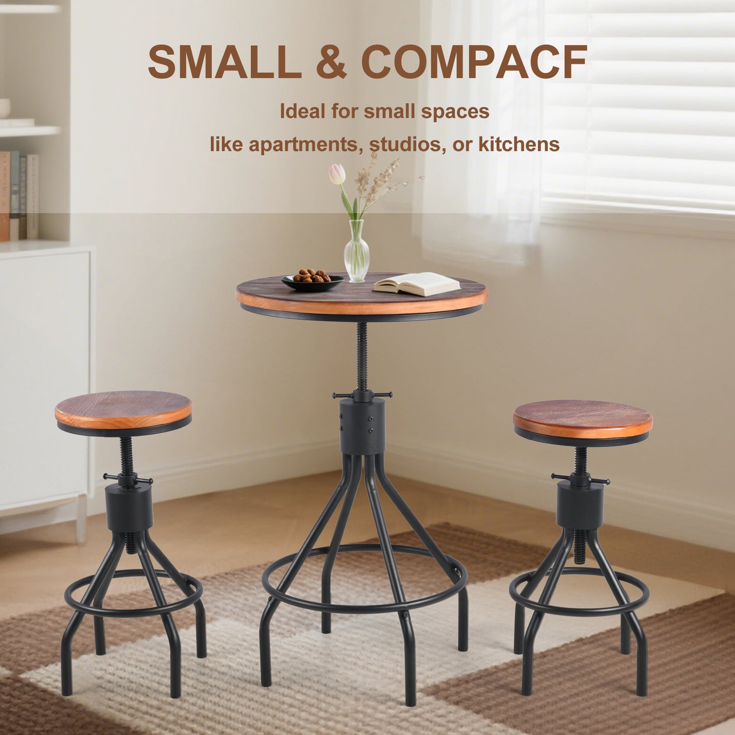 Set OF 3,Industrial Bar Table  Person Rustic Bistro Table with Chairs Vintage Cafe Table Set Farmhouse Breakfast Table Set