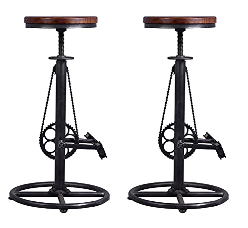Rustic Swivel Adjustable Bike Stool-29-37" Kitchen Counter Bar Height-Set of 2 Industrial Farmhouse Countertop Barstools-Metal and Wood