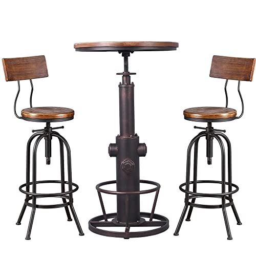 Retro Bistro Bar Height Table with Set of 2 Industrial Bar Stools with Backrest Height Adjustable for Kitchen Dining Room Office Coffee House Pub