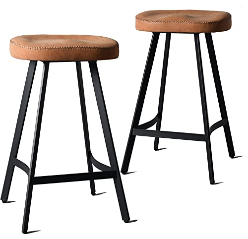 Saddle Bar Stools Soft PU Leather Seat-Set of 2 Breakfast Stools 26.77 Inch Tall Farmhouse Kitchen Counter Barstools-Industrial Dining Cafe Stools-Black Metal,Heavy Duty