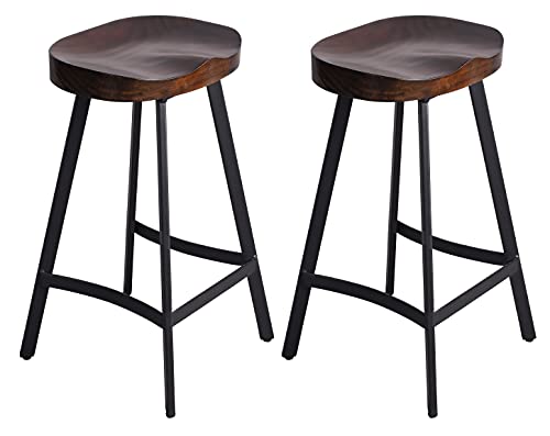 Industrial Bar Stool Saddle Seat-26.77 inch Counter Height Kitchen Stool-Metal and Wood Dining Stools-Set of 2,Backless,Stackable,Fully Welded